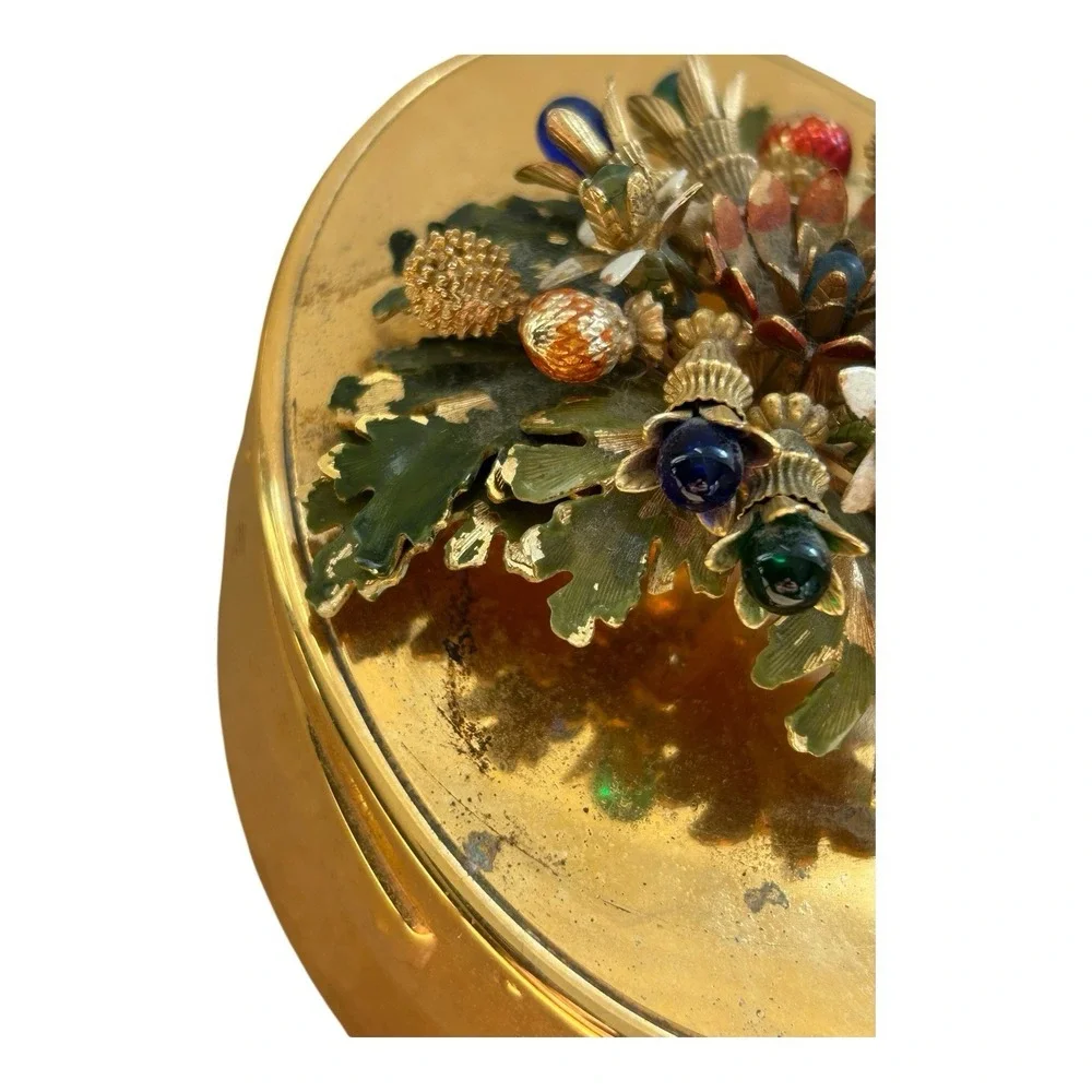 Vintage Gorham Gilt trinket box YC1141 enamel floral lid blue‎ velvet lined USA